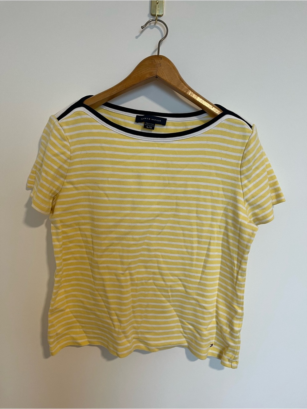 Tommy Hilfiger Yellow White Striped Crewneck Short Sleeve Top summer 100% cotton